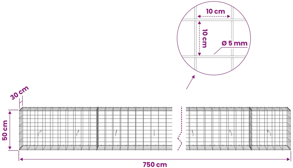 Gabionas su 5 mm viela ir 10x10 cm tinkleliu 750x30x50 cm