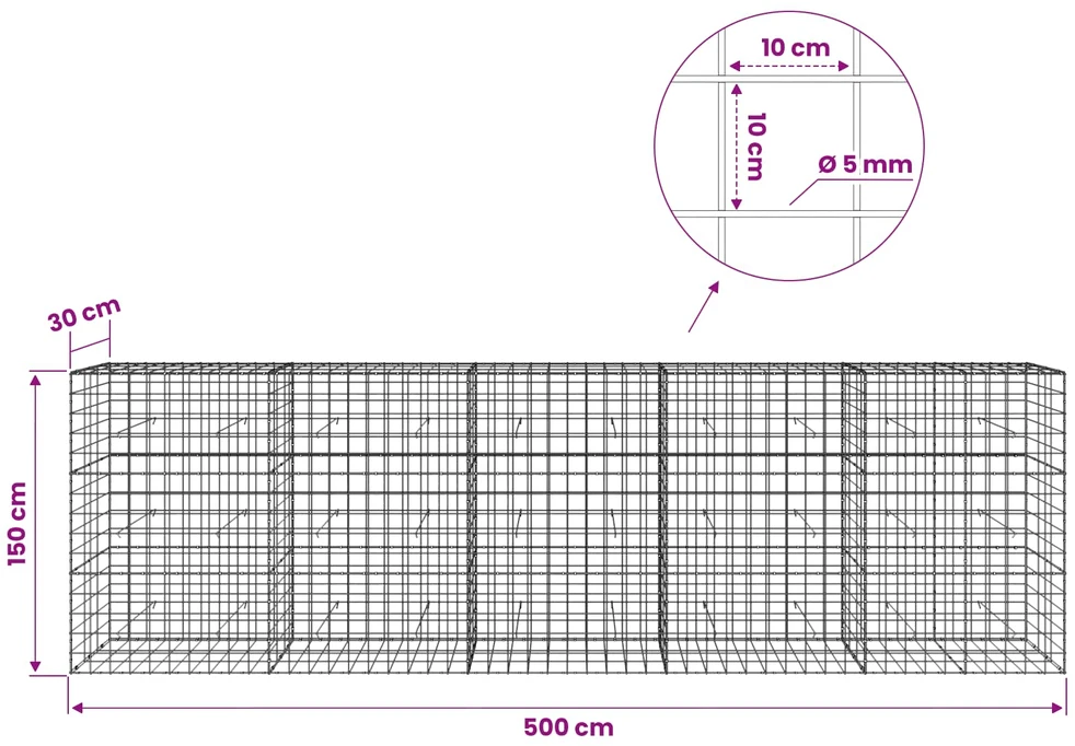 Gabionas su 5 mm viela ir 10x10 cm tinkleliu 500x30x150 cm
