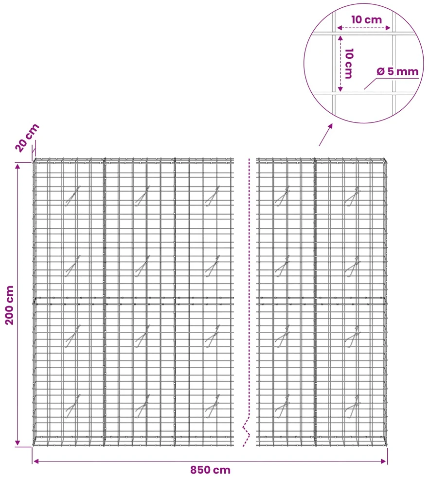 Gabionas su 5 mm viela ir 10x10 cm tinkleliu 850x20x200 cm