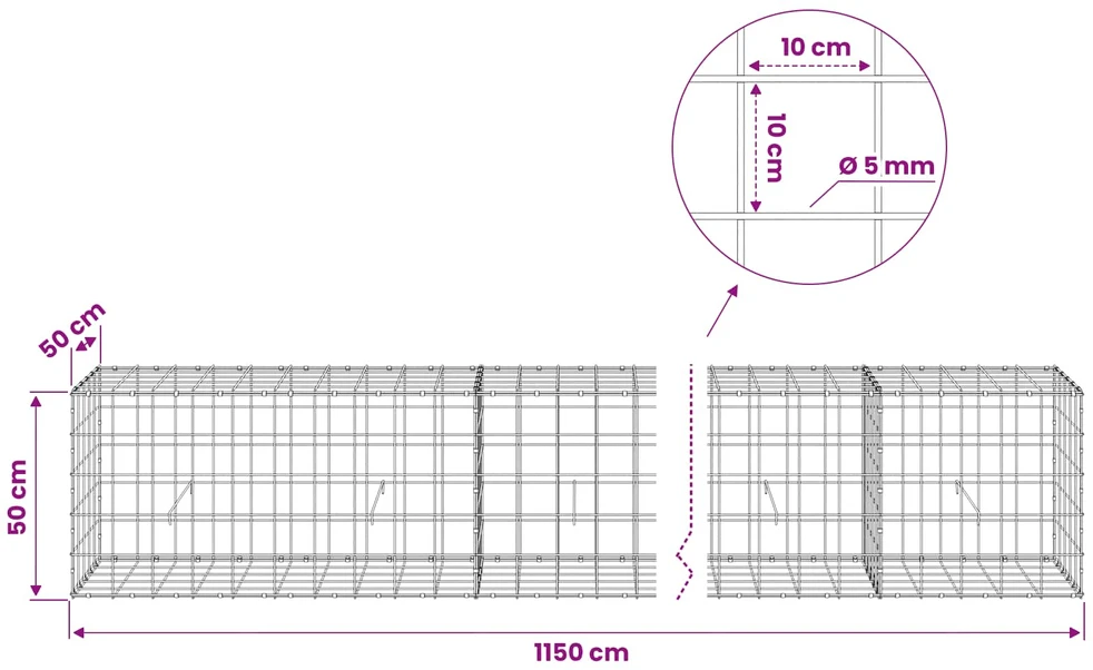 Gabionas su 5 mm viela ir 10x10 cm tinkleliu 1150x50x50 cm