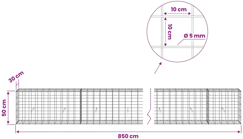 Gabionas su 5 mm viela ir 10x10 cm tinkleliu 850x30x50 cm