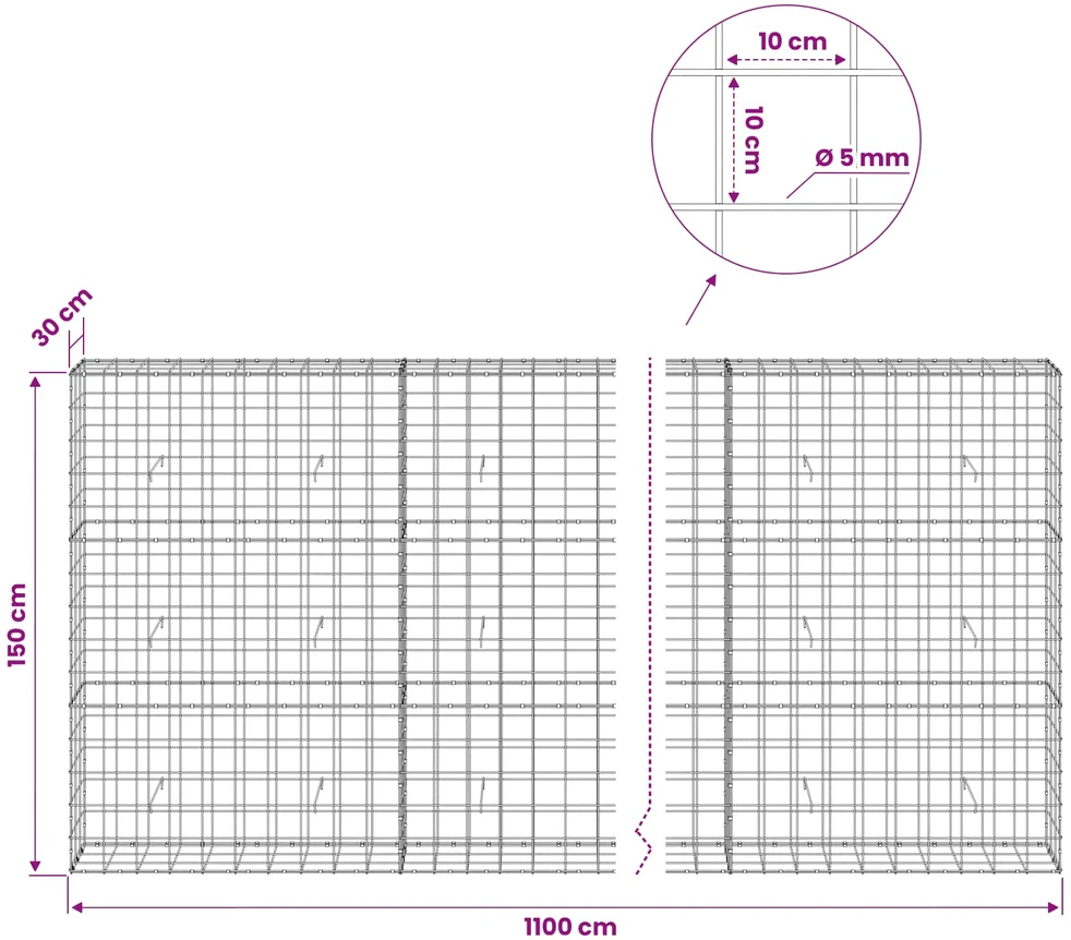 Gabionas su 5 mm viela ir 10x10 cm tinkleliu 1100x30x150 cm