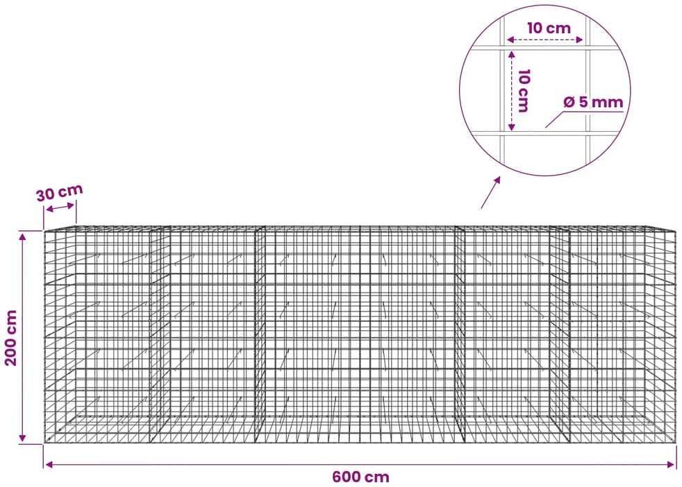 Gabionas su 5 mm viela ir 10x10 cm tinkleliu 600x30x200 cm