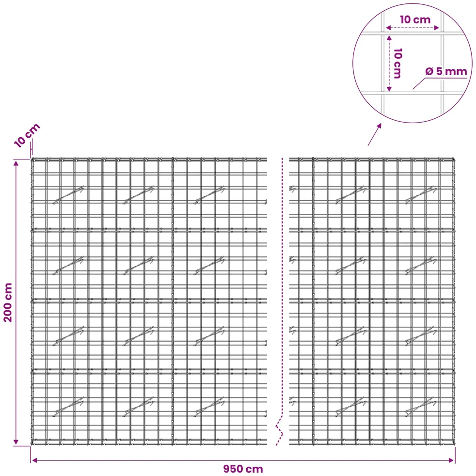 Gabionas su 5 mm viela ir 10x10 cm tinkleliu 950x10x200 cm