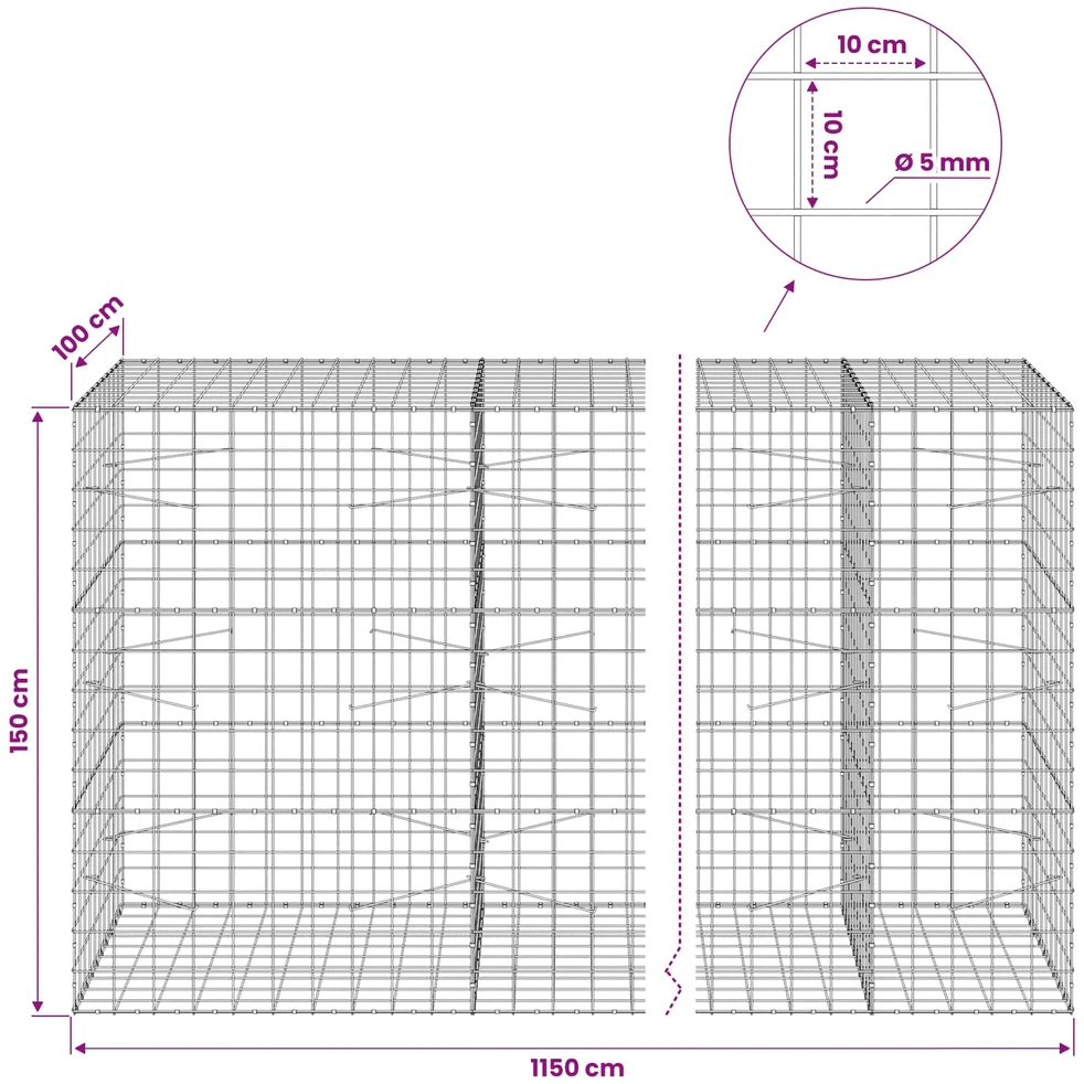 Gabionas su 5 mm viela ir 10x10 cm tinkleliu 1150x100x150 cm