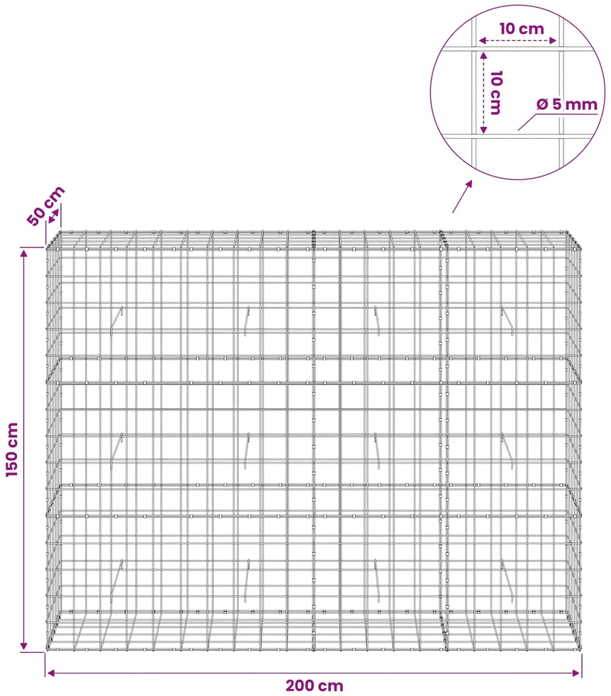 Gabionas su 5 mm viela ir 10x10 cm tinkleliu 200x50x150 cm