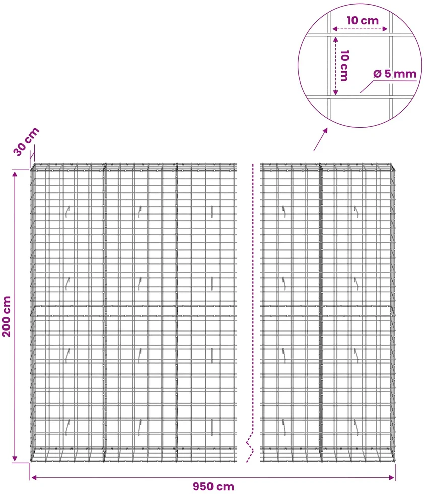 Gabionas su 5 mm viela ir 10x10 cm tinkleliu 950x30x200 cm