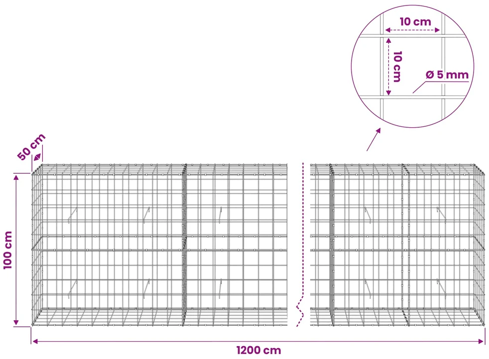 Gabionas su 5 mm viela ir 10x10 cm tinkleliu 1200x50x100 cm