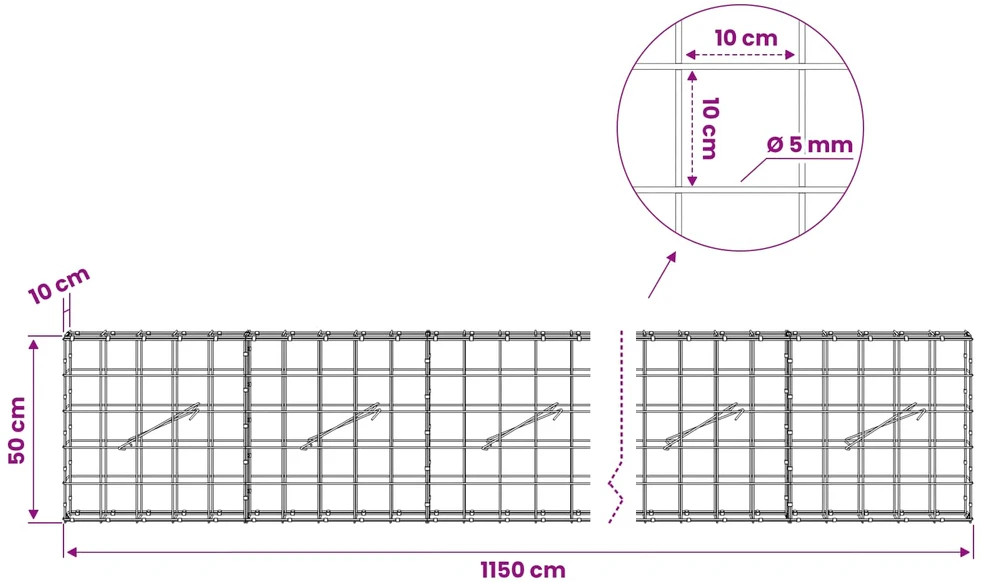 Gabionas su 5 mm viela ir 10x10 cm tinkleliu 1150x10x50 cm
