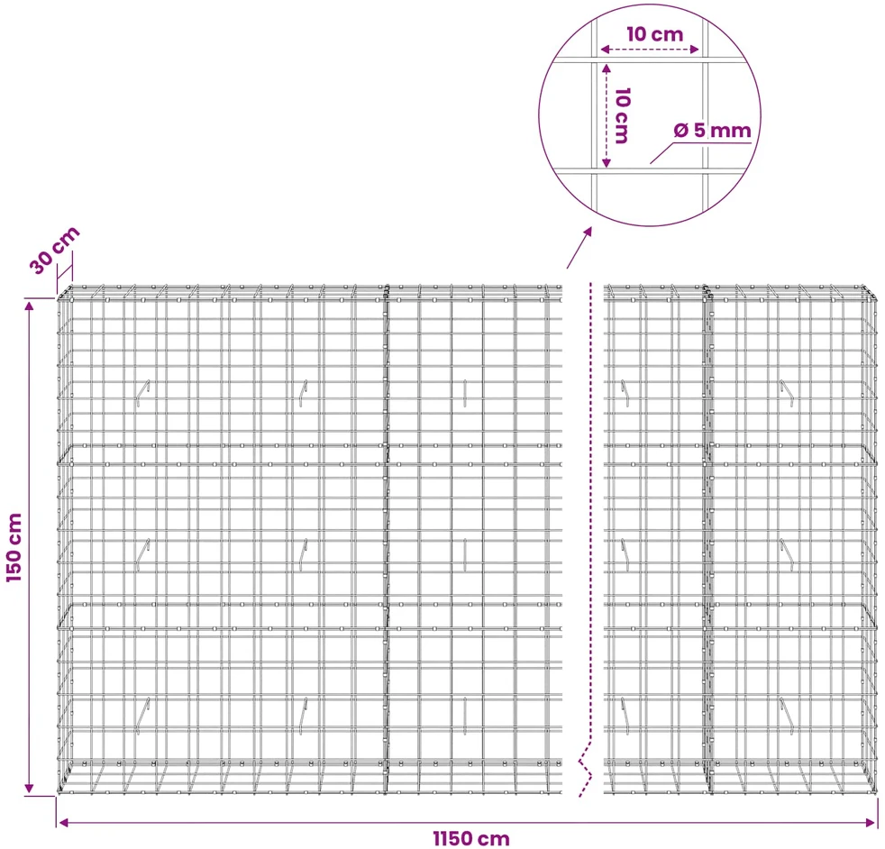 Gabionas su 5 mm viela ir 10x10 cm tinkleliu 1150x30x150 cm