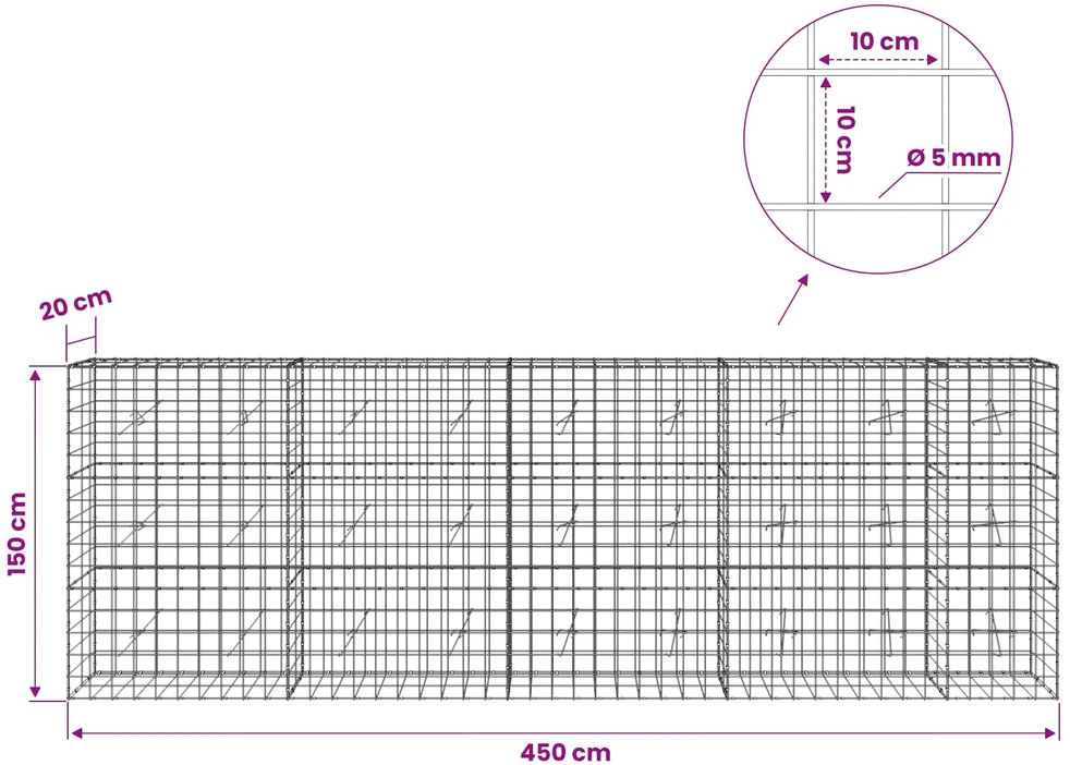 Gabionas su 5 mm viela ir 10x10 cm tinkleliu 450x20x150 cm