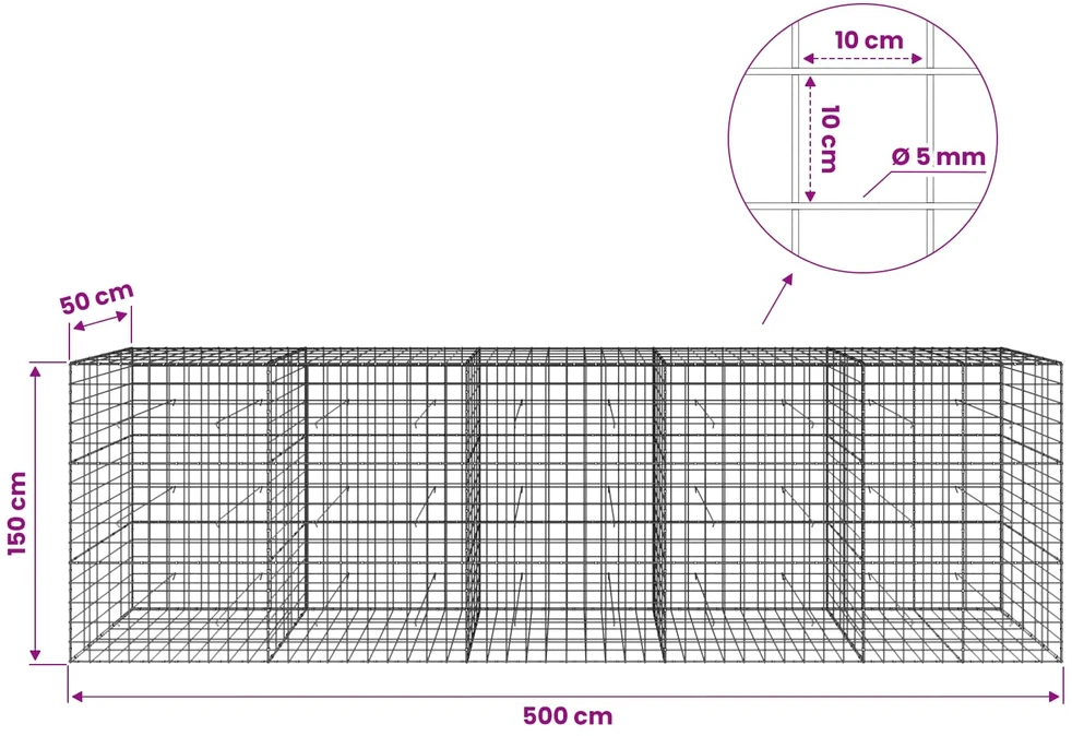 Gabionas su 5 mm viela ir 10x10 cm tinkleliu 500x50x150 cm