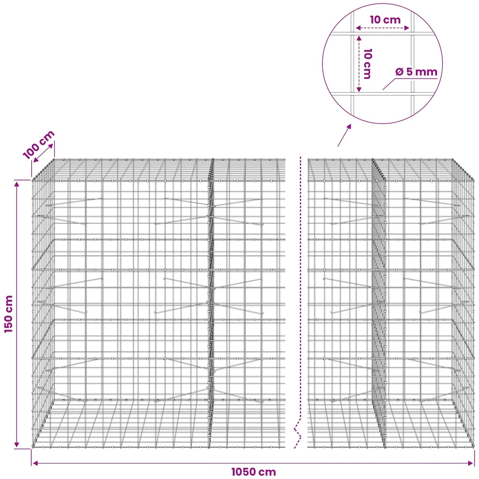 Gabionas su 5 mm viela ir 10x10 cm tinkleliu 1050x100x150 cm