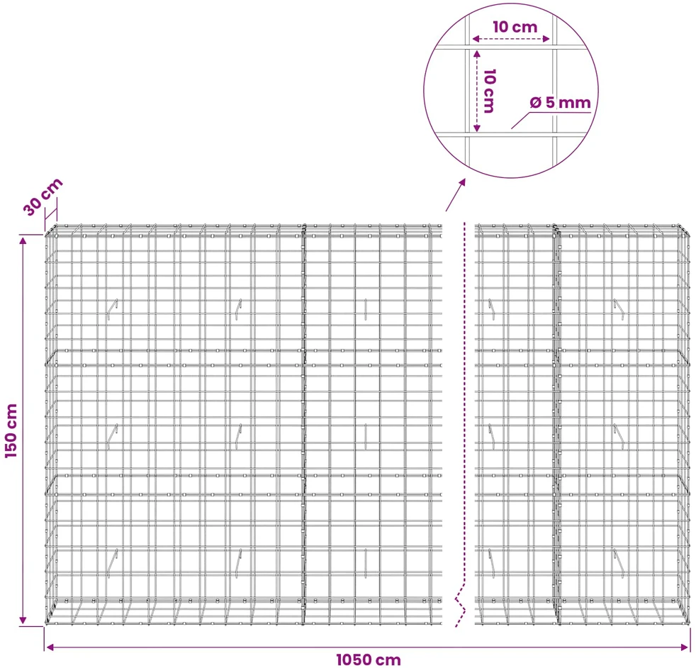 Gabionas su 5 mm viela ir 10x10 cm tinkleliu 1050x30x150 cm