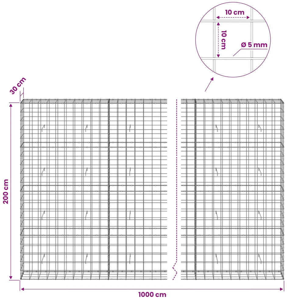 Gabionas su 5 mm viela ir 10x10 cm tinkleliu 1000x30x200 cm