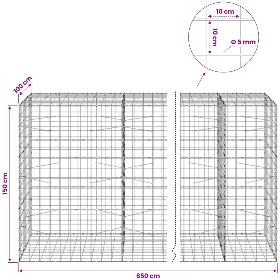 Gabionas su 5 mm viela ir 10x10 cm tinkleliu 650x100x150 cm