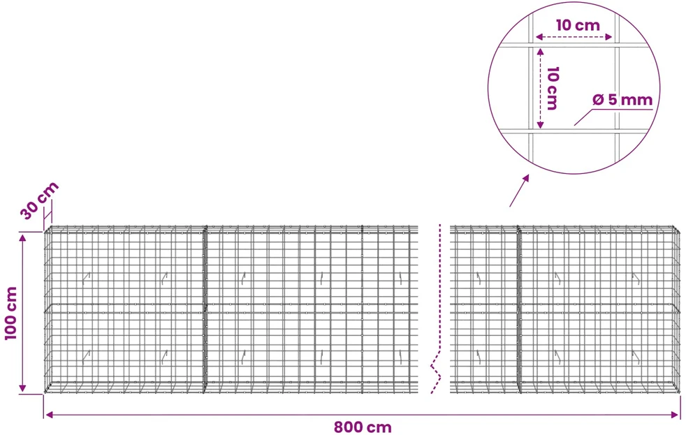 Gabionas su 5 mm viela ir 10x10 cm tinkleliu 800x30x100 cm