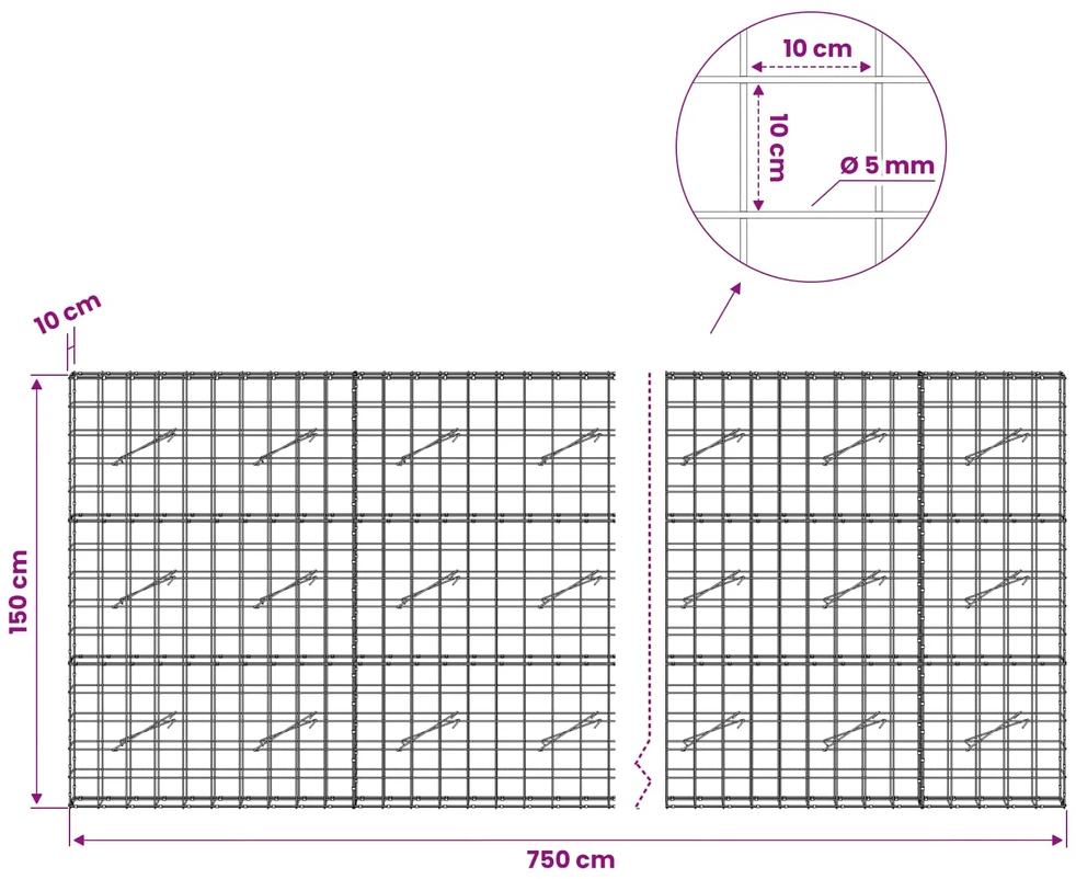 Gabionas su 5 mm viela ir 10x10 cm tinkleliu 750x10x150 cm