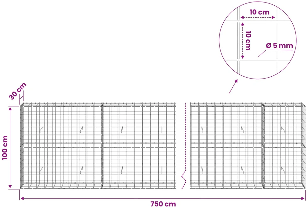 Gabionas su 5 mm viela ir 10x10 cm tinkleliu 750x30x100 cm
