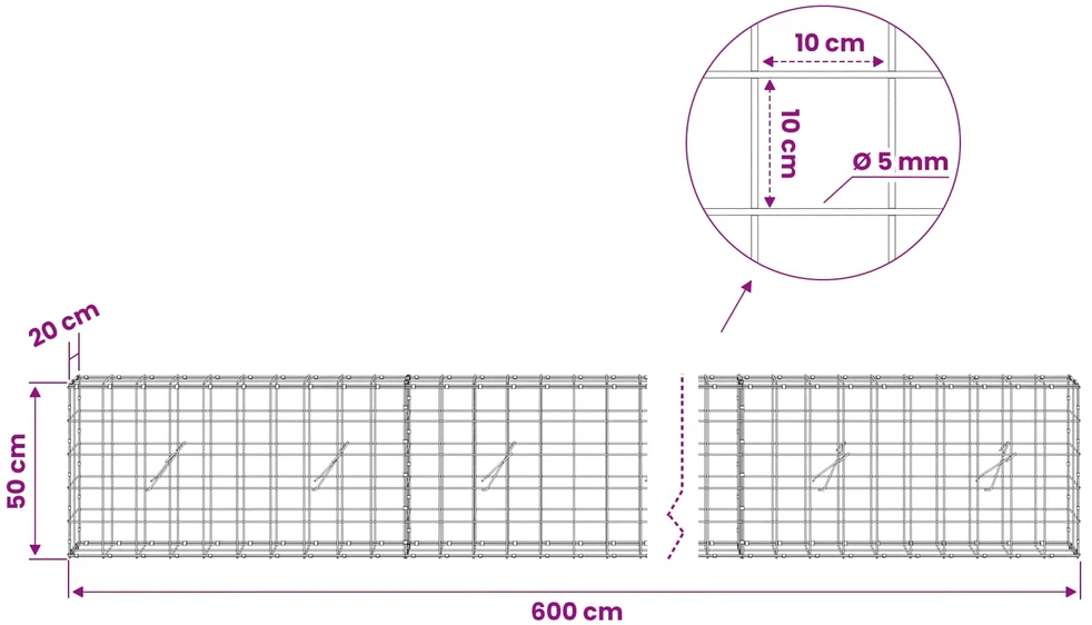 Gabionas su 5 mm viela ir 10x10 cm tinkleliu 600x20x50 cm
