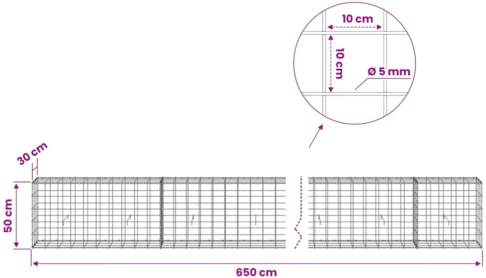 Gabionas su 5 mm viela ir 10x10 cm tinkleliu 650x30x50 cm
