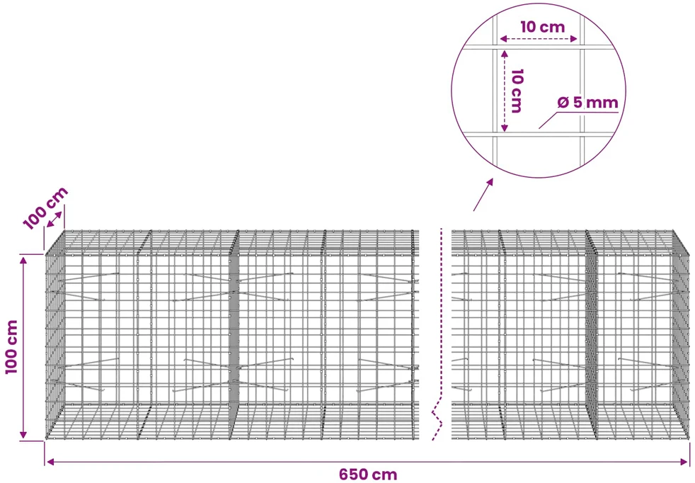 Gabionas su 5 mm viela ir 10x10 cm tinkleliu 650x100x100 cm