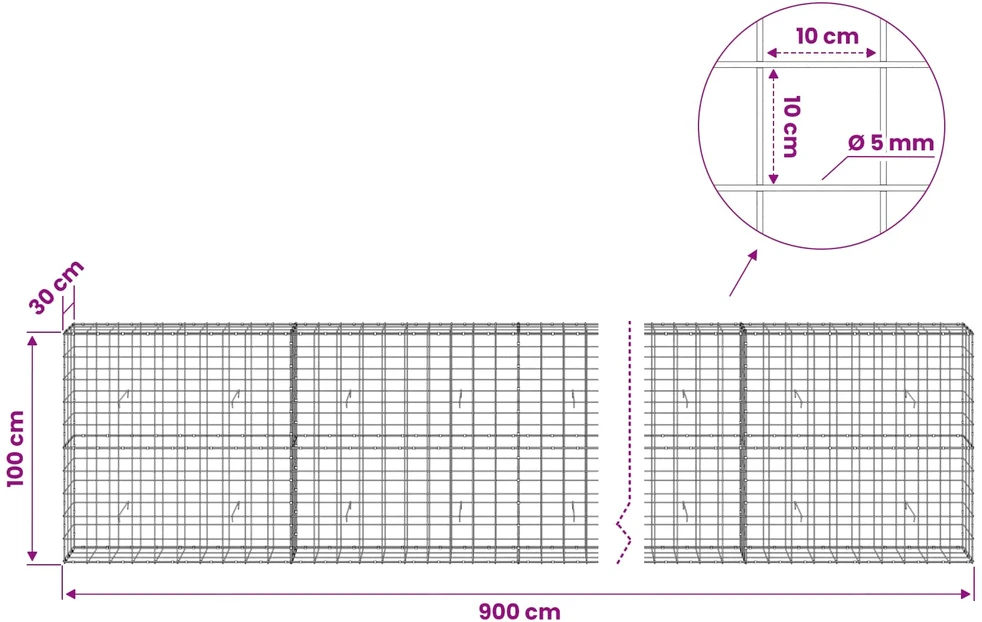 Gabionas su 5 mm viela ir 10x10 cm tinkleliu 900x30x100 cm