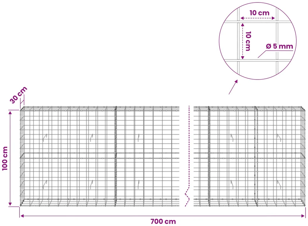 Gabionas su 5 mm viela ir 10x10 cm tinkleliu 700x30x100 cm