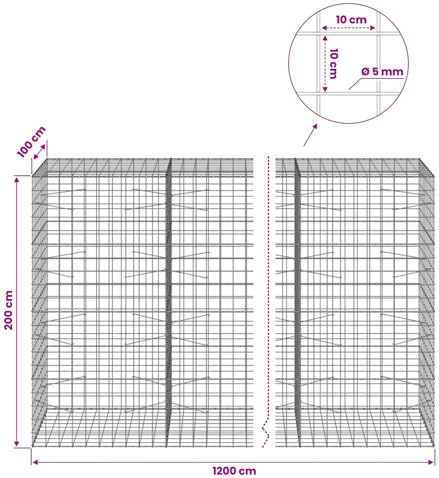 Gabionas su 5 mm viela ir 10x10 cm tinkleliu 1200x100x200 cm