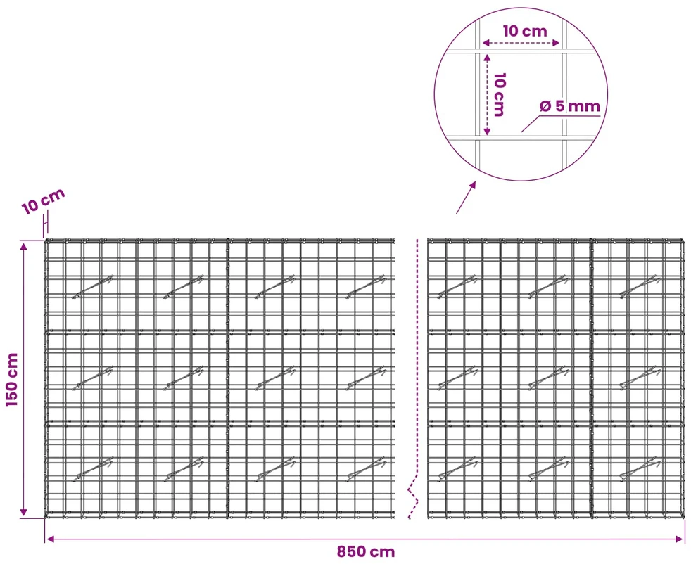 Gabionas su 5 mm viela ir 10x10 cm tinkleliu 850x10x150 cm