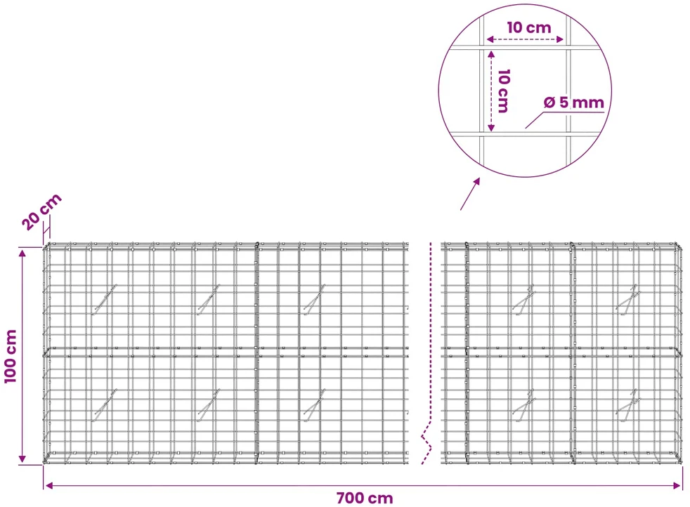 Gabionas su 5 mm viela ir 10x10 cm tinkleliu 700x20x100 cm