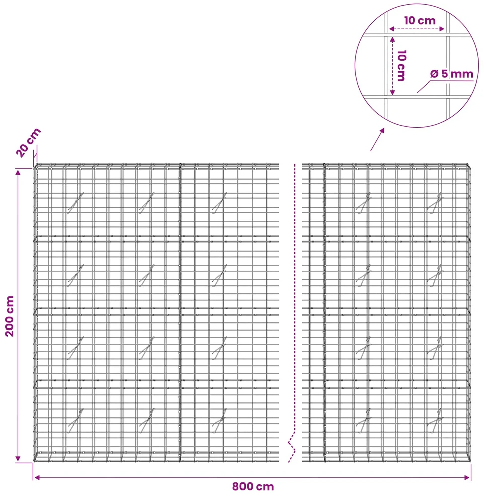 Gabionas su 5 mm viela ir 10x10 cm tinkleliu 800x20x200 cm