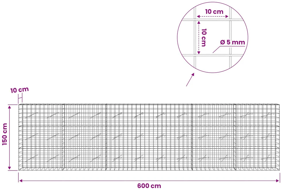 Gabionas su 5 mm viela ir 10x10 cm tinkleliu 600x10x150 cm