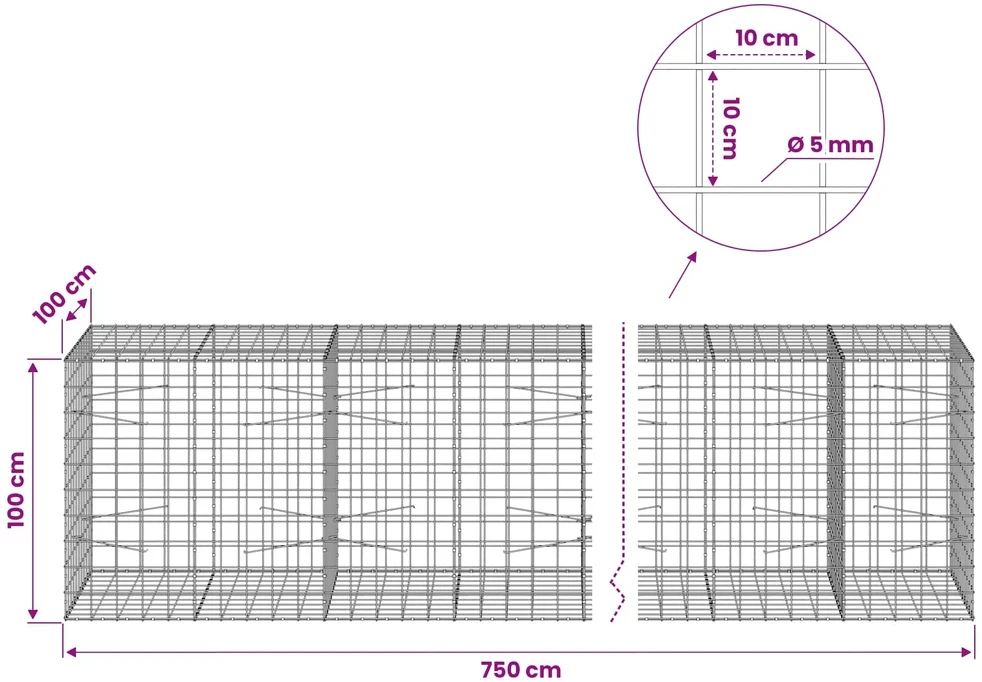 Gabionas su 5 mm viela ir 10x10 cm tinkleliu 750x100x100 cm