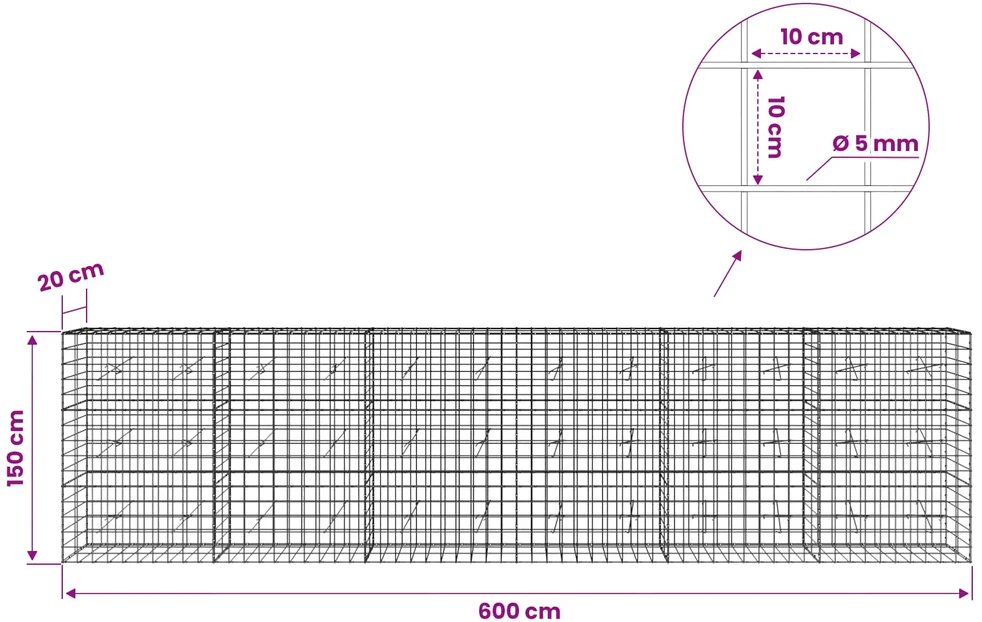 Gabionas su 5 mm viela ir 10x10 cm tinkleliu 600x20x150 cm