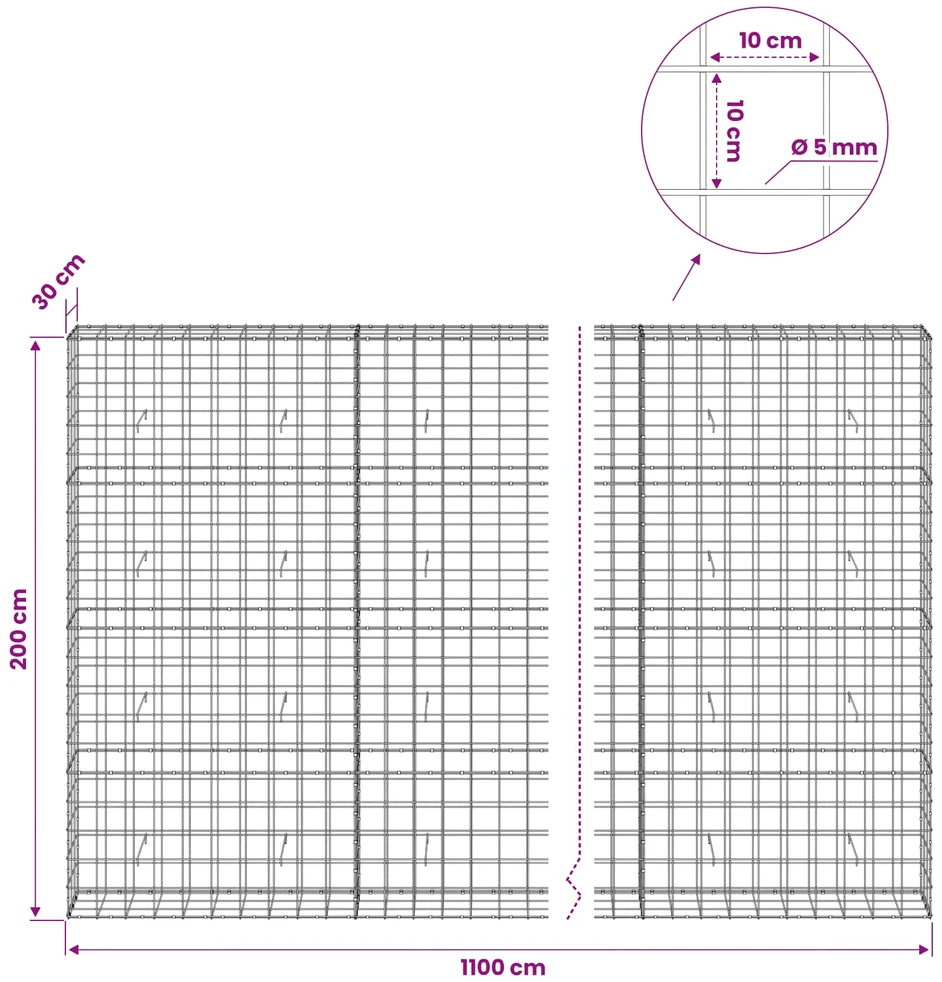 Gabionas su 5 mm viela ir 10x10 cm tinkleliu 1100x30x200 cm