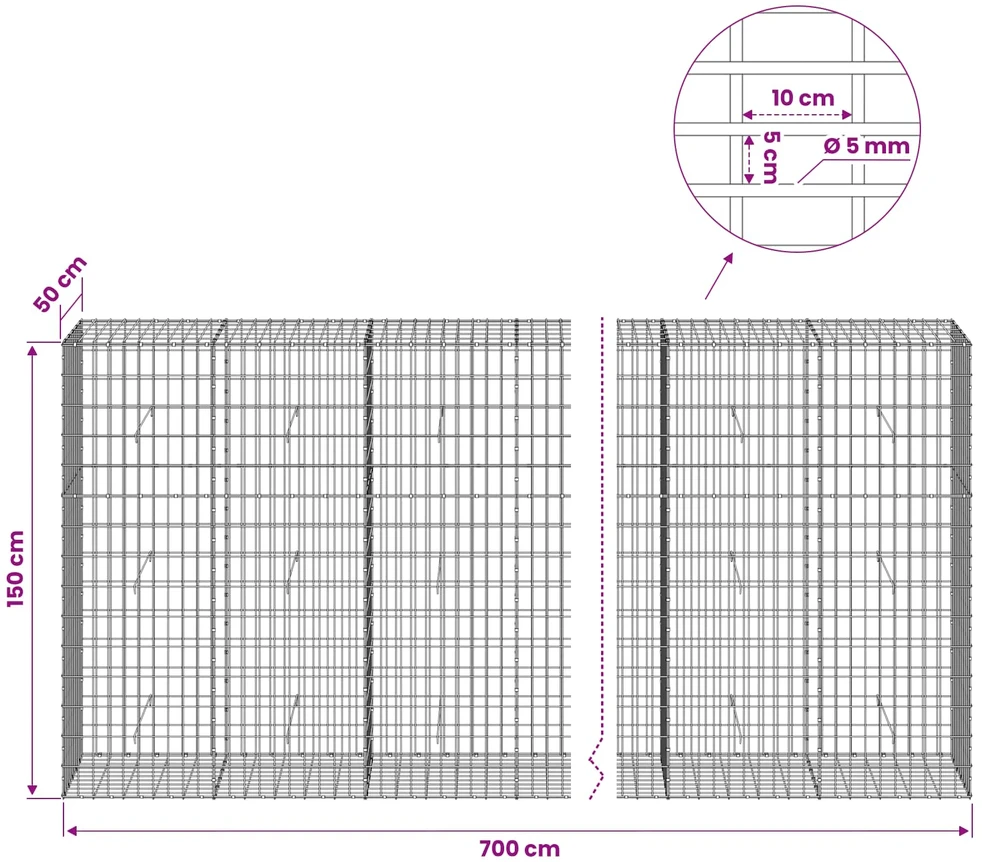 Gabionas su 5 mm viela ir 5x10 cm tinkleliu 700x50x150 cm