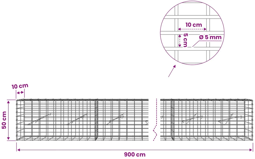 Gabionas su 5 mm Viela ir 5x10 cm Tinkleliu 900x10x50 cm