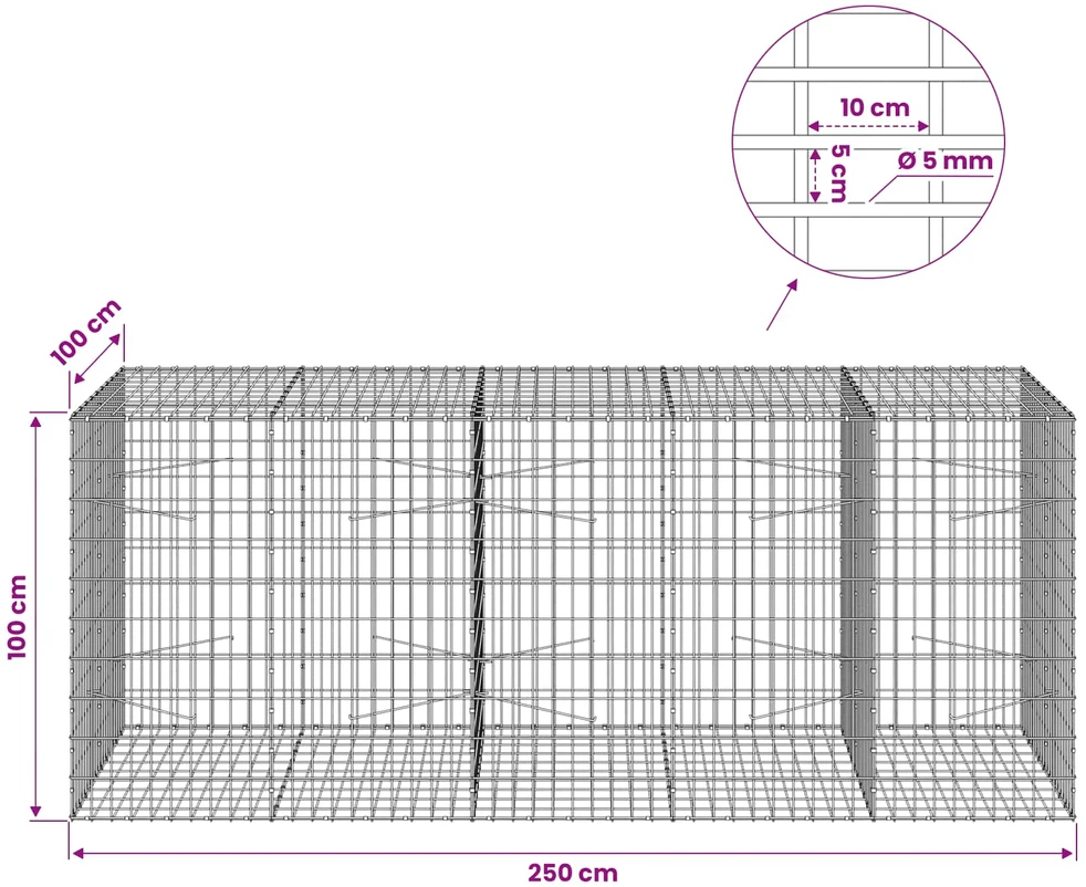 Gabionas su 5 mm Viela ir 5x10 cm Tinkleliu 250x100x100 cm
