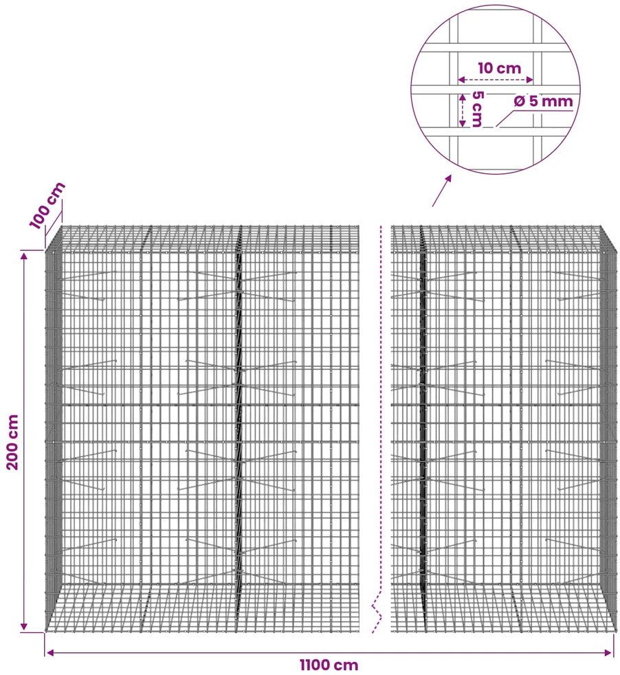 Gabionas su 5 mm Viela ir 5x10 cm Tinkleliu 1100x100x200 cm