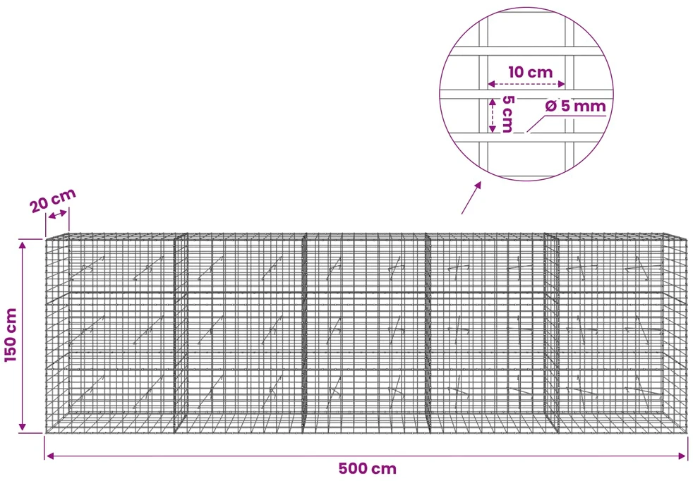 Gabionas su 5 mm Viela ir 5x10 cm Tinkleliu 500x20x150 cm