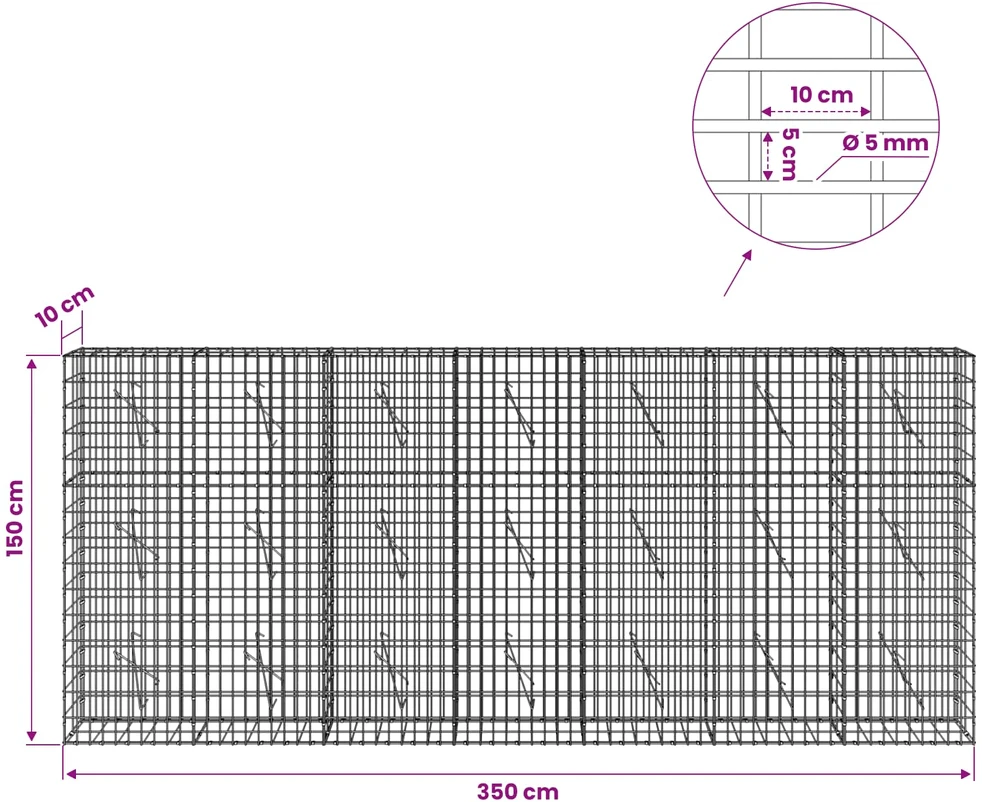 Gabionas su 5 mm viela ir 5x10 cm tinkleliu 350x10x150 cm