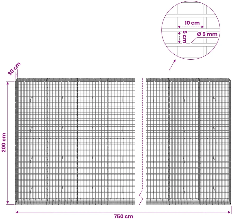 Gabionas su 5 mm Viela ir 5x10 cm Tinkleliu 750x30x200 cm