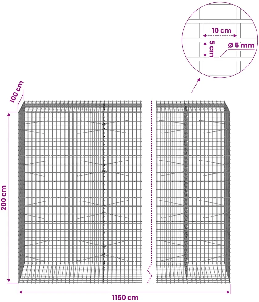 Gabionas su 5 mm viela ir 5x10 cm tinkleliu 1150x100x200 cm