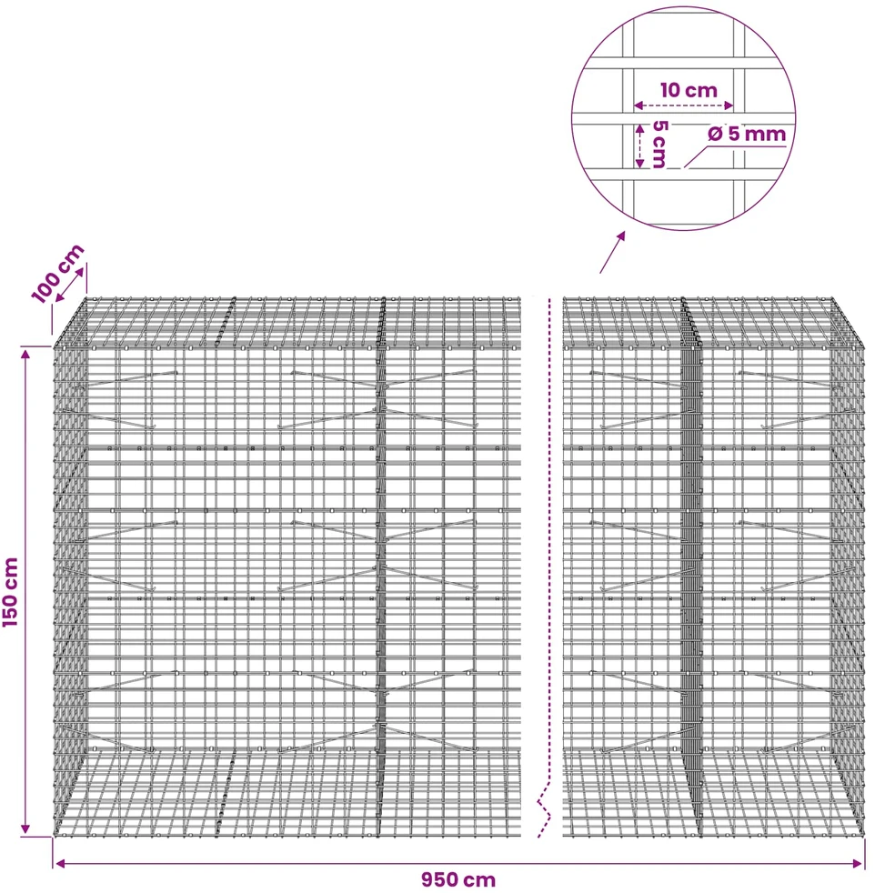 Gabionas su 5 mm viela ir 5x10 cm tinkleliu 950x100x150 cm