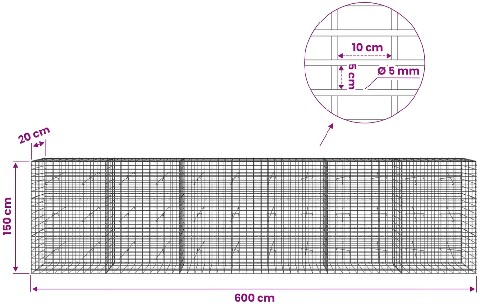 Gabionas su 5 mm viela ir 5x10 cm tinkleliu 600x20x150 cm