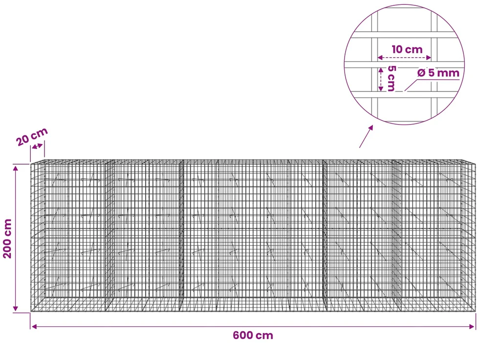 Gabionas su 5 mm Viela ir 5x10 cm Tinkleliu 600x20x200 cm