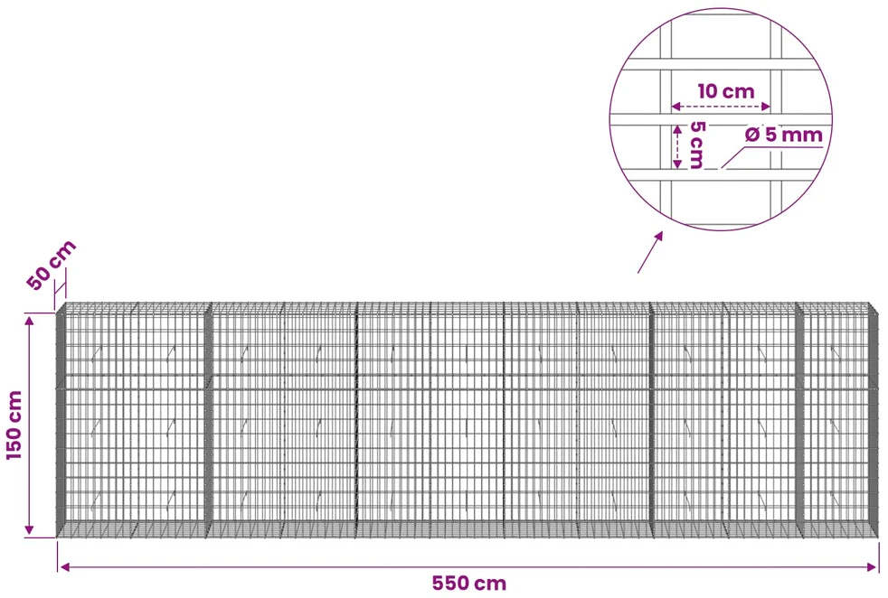 Gabionas su 5 mm viela ir 5x10 cm tinkleliu 550x50x150 cm