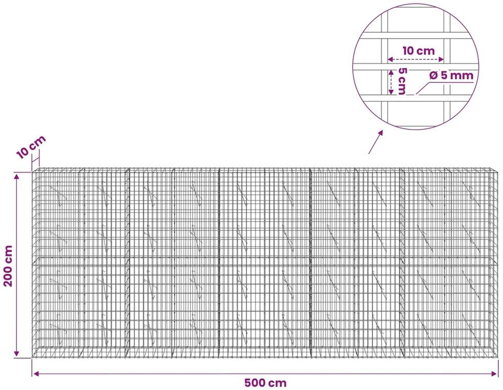 Gabionas su 5 mm Viela ir 5x10 cm Tinkleliu 500x10x200 cm