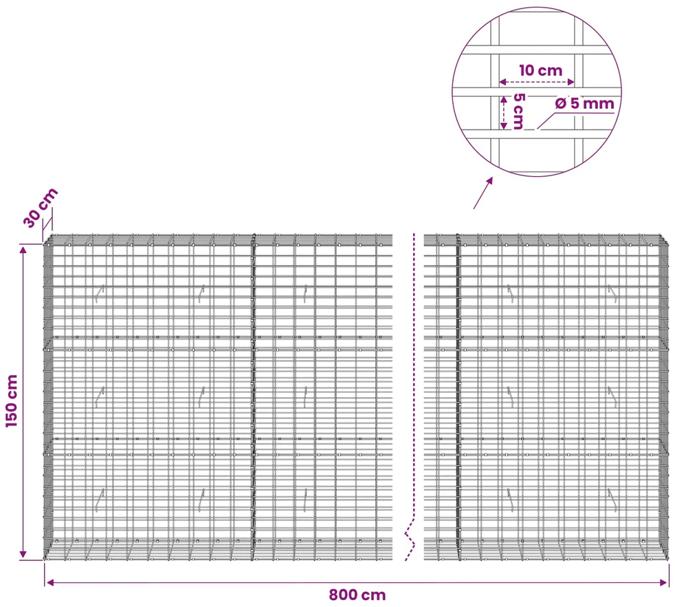 Gabionas su 5 mm Viela ir 5x10 cm Tinkleliu 800x30x150 cm